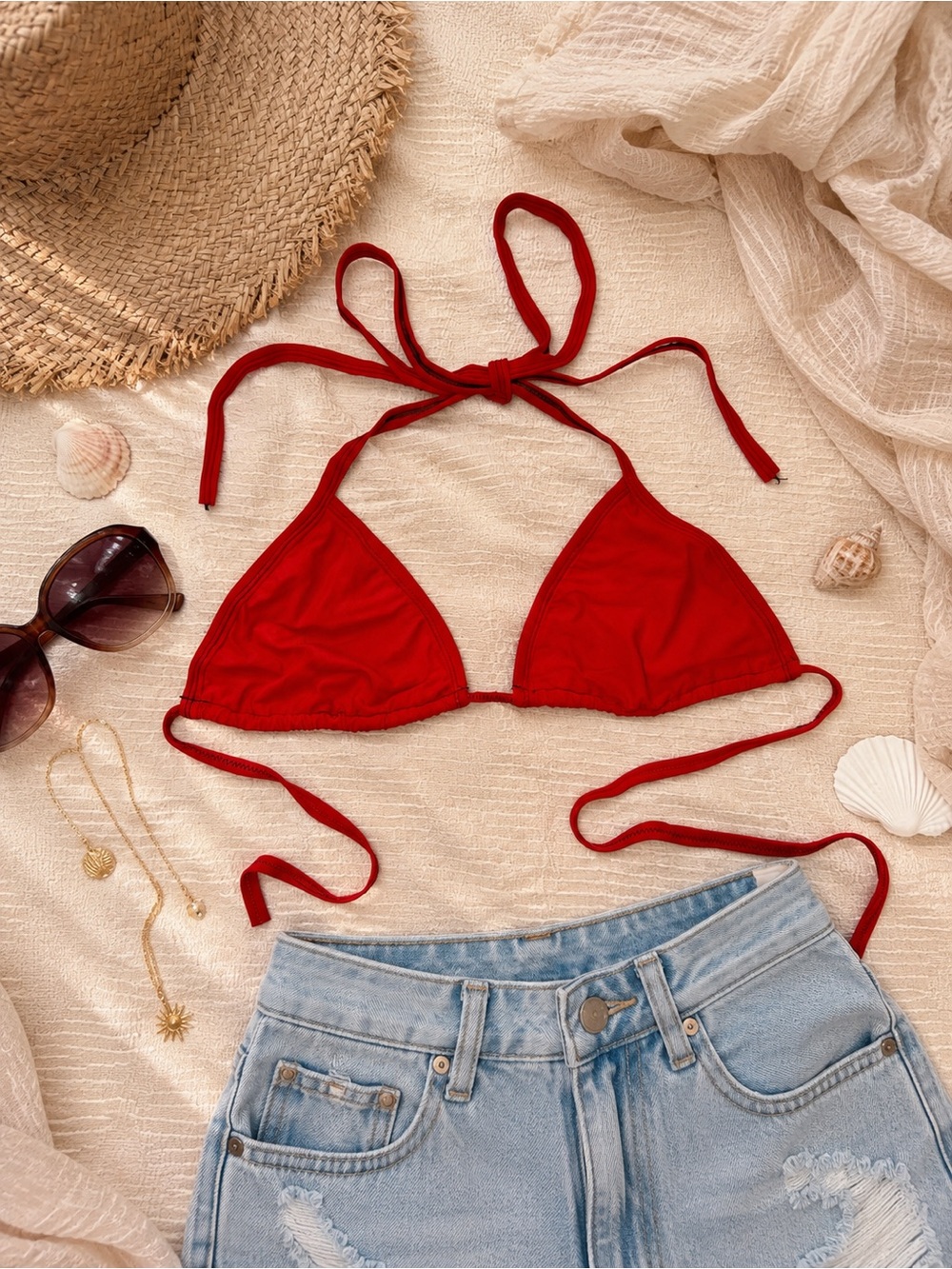 🌺 Twisted Candi Triangle Bikini Top | Coral Orange/Red | Size Large